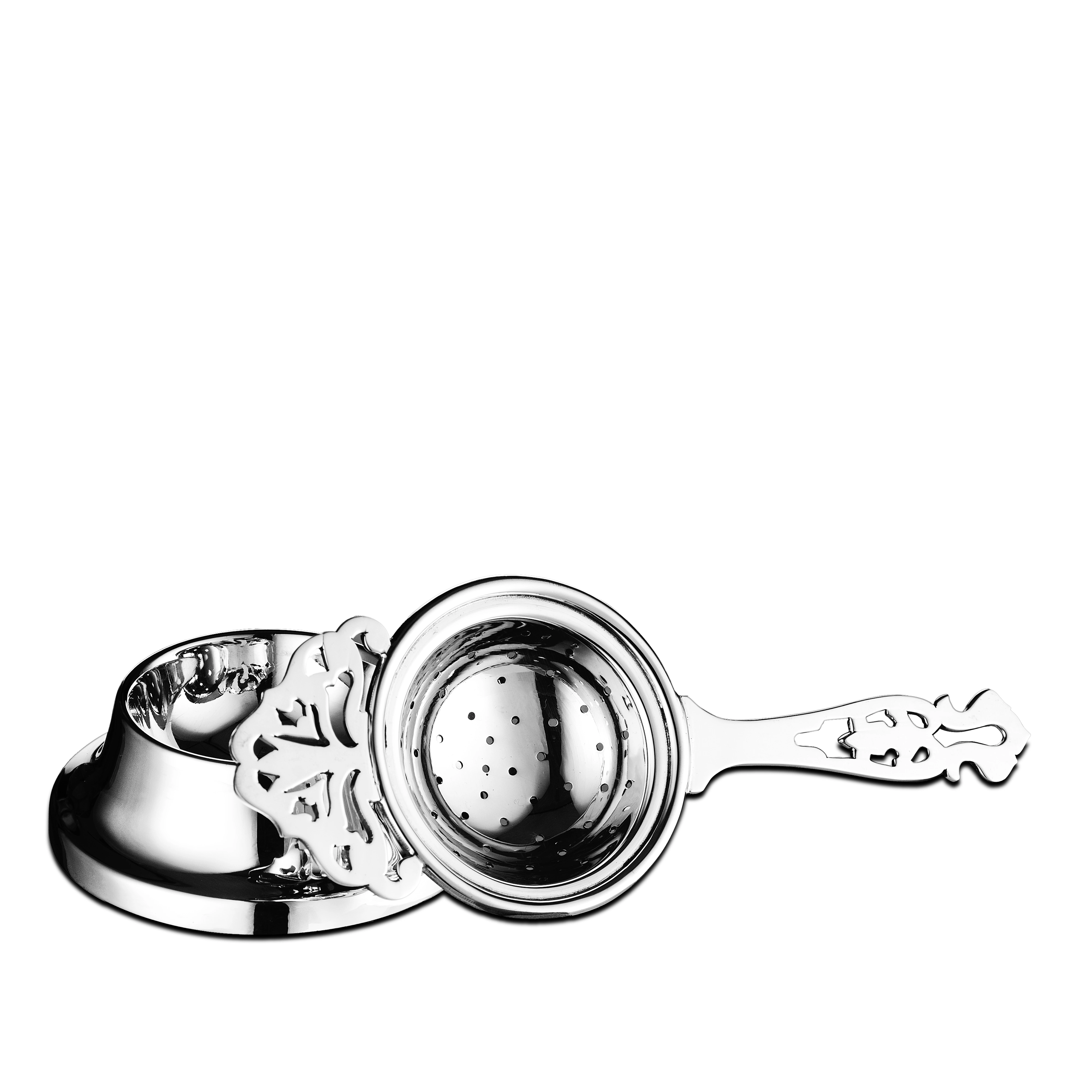 Silver Tea Strainer with long perforated handle.