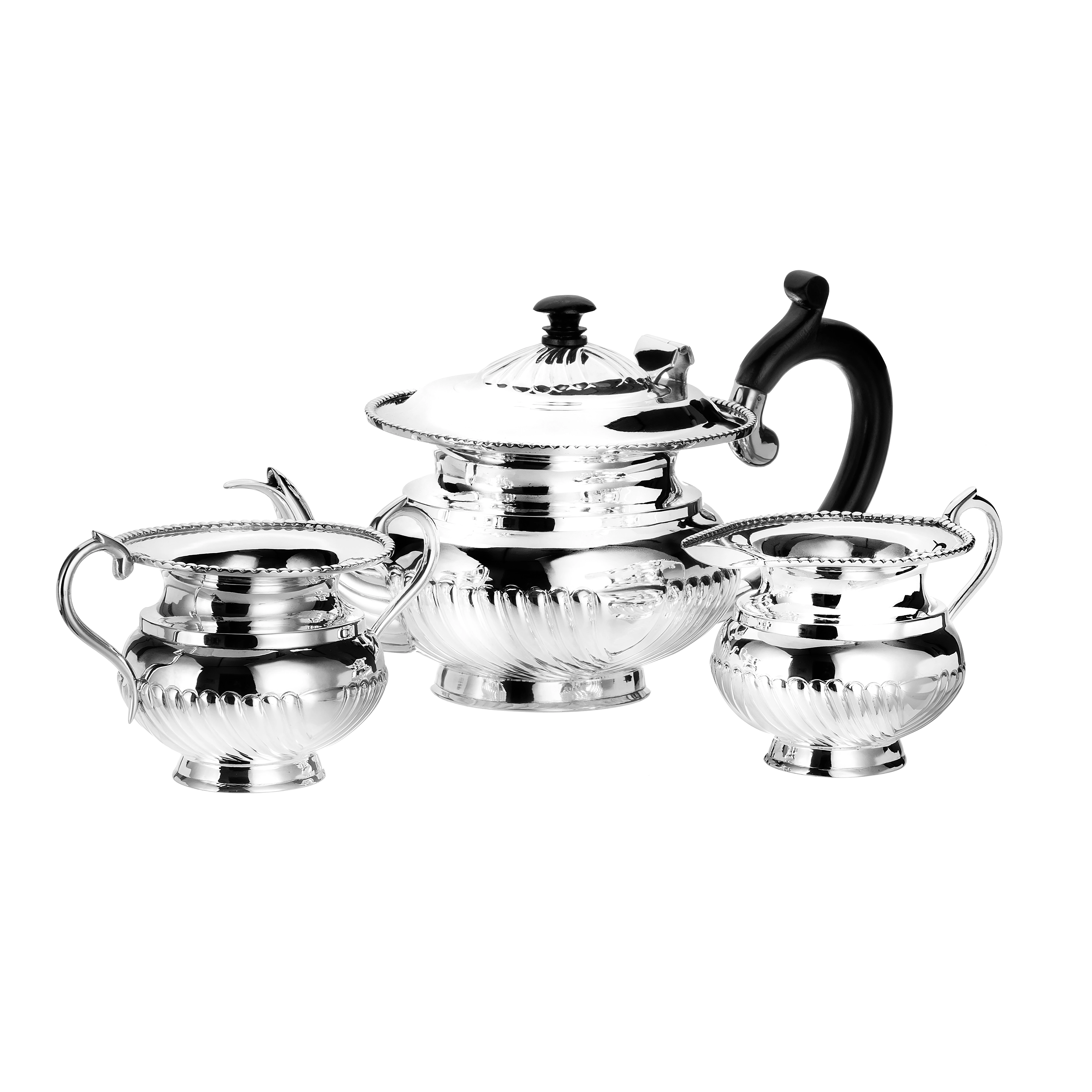 Silver Q.A. Oval Design Tea Set with Wodden Handle. Milk & Sugar pot with silver handle
