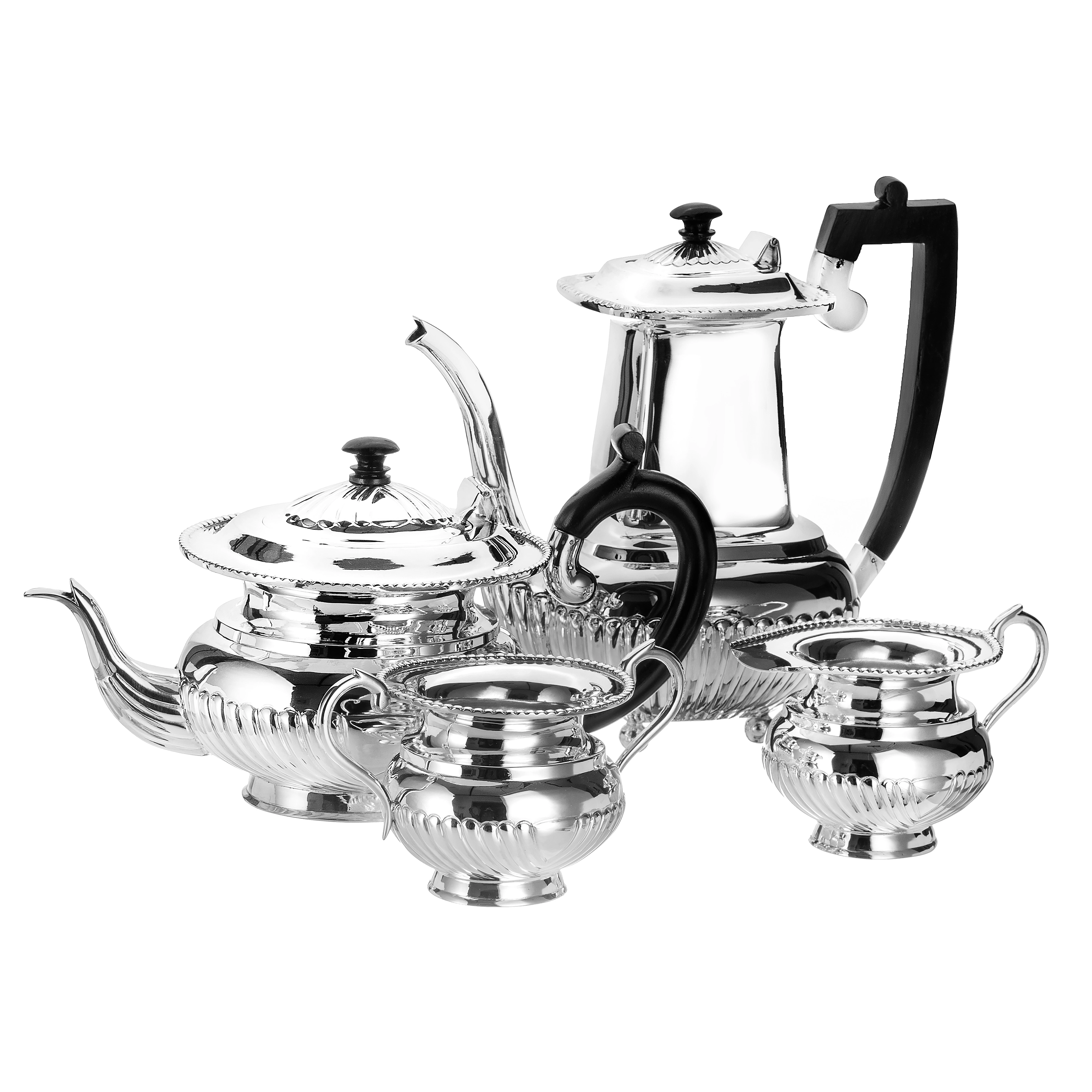 Silver Q.A. Oval Design Tea & Coffee Set with Wodden Handle. Milk & Sugar pot with silver handle
