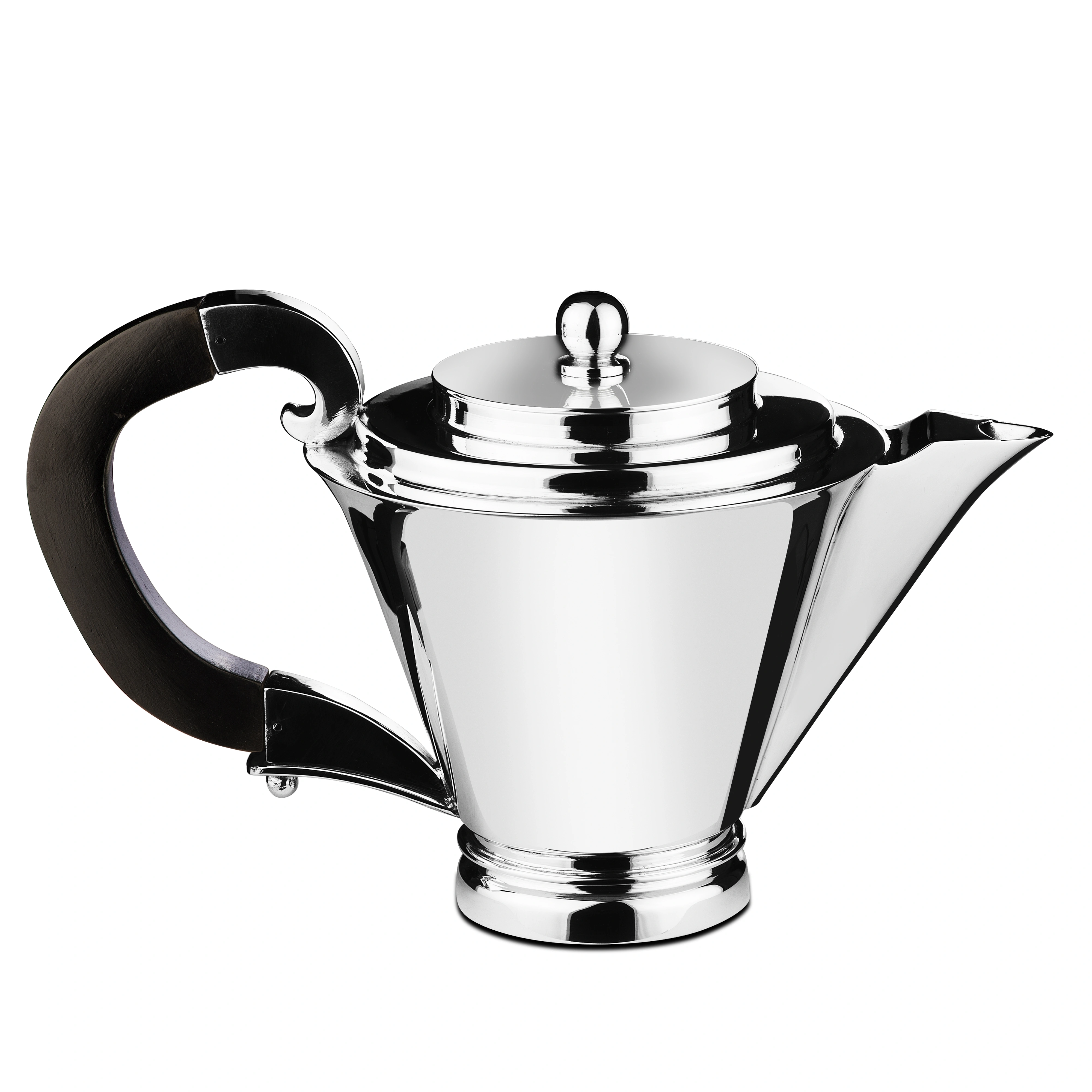 Silver Conical Tea Set With Wodden Handle and Lid. Milk With Silver Carved Handle. Sugar Pot with Lid.
