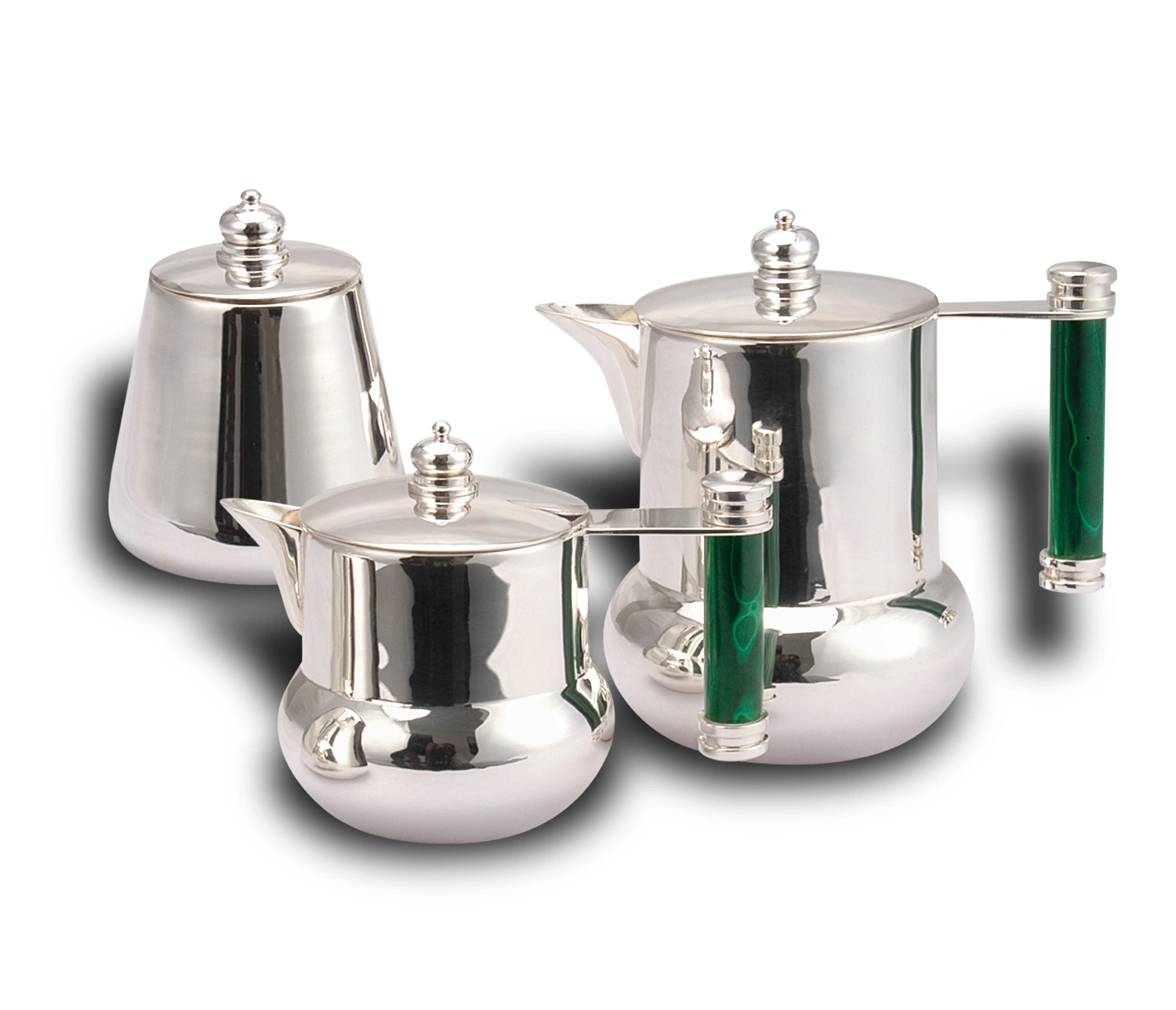 Sterling Silver Green Malchite handle tea set. Includes tea pot with lid, sugar pot and milk pot with lid.