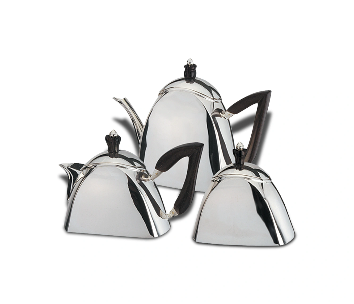 Sterling Silver wooden handle Tea set. Curvy tea set with wooden knob and handle. Includes tea pot, sugar pot and milk pot