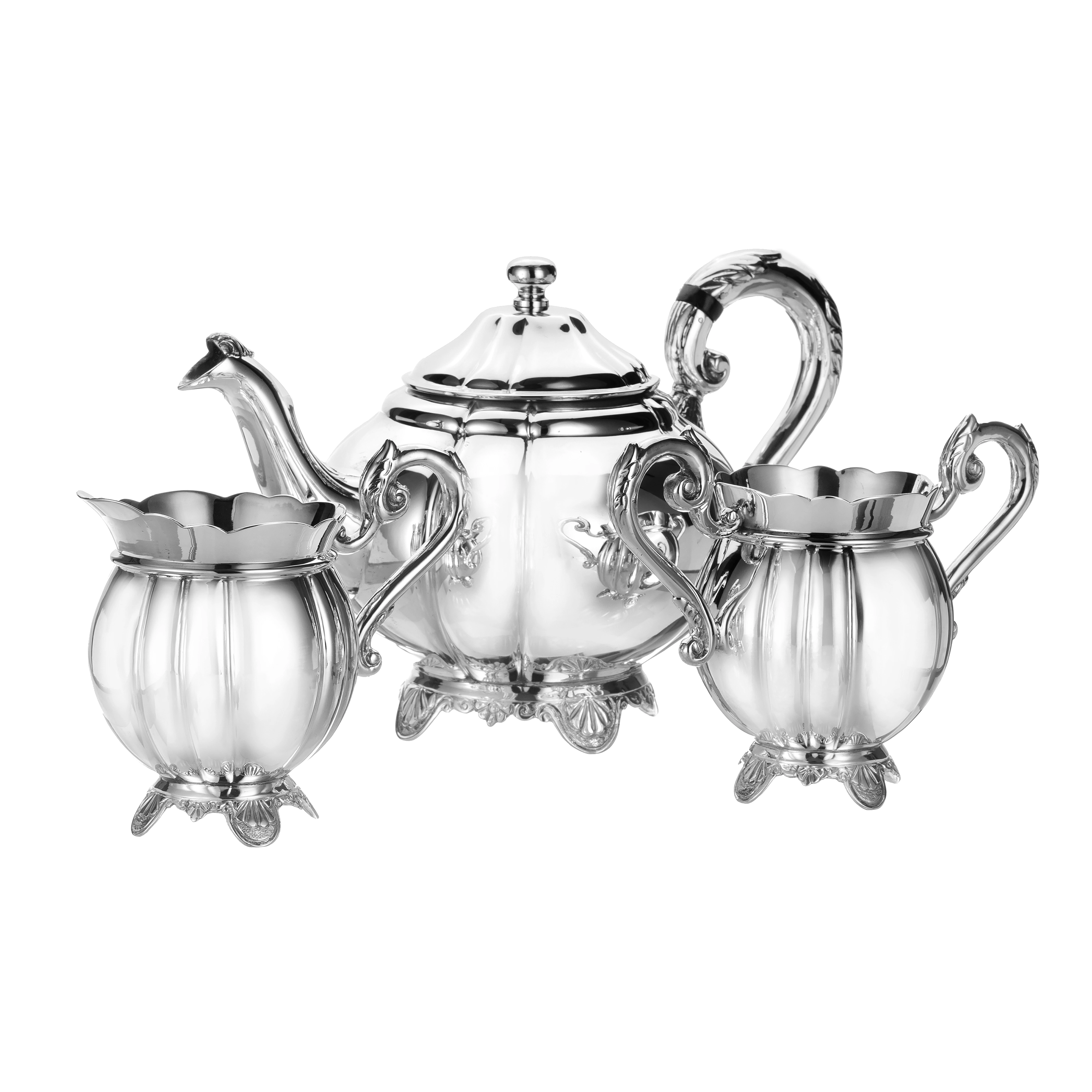 Silver New Paul Design Tea set with silver arved handle and lid. Milk & Sugar pot with silver handle. All have a beautiful carved base.