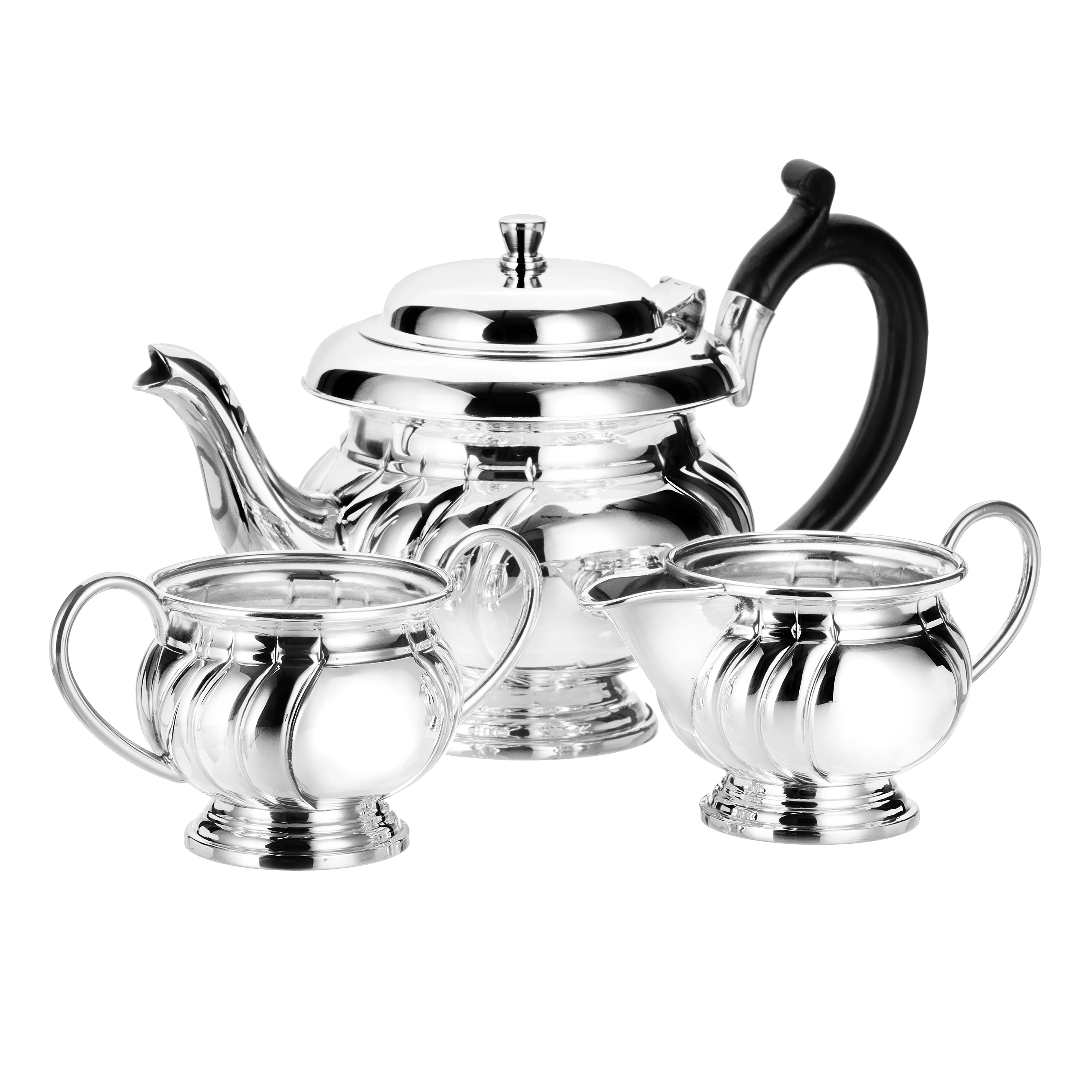 Silver Curvy Line Design Tea Set With Wooden Handle.MIlk & Sugar pot with Silver Handle